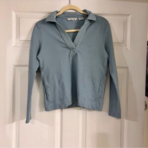 Orvis collar v neck pullover sweatshirt slate blue cropped women XS 100% cotton